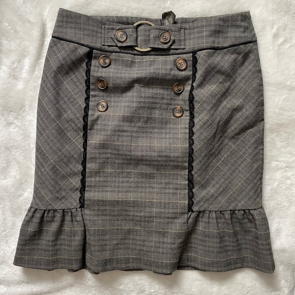 Gray Plaid Skirt with Button and Lace Detail